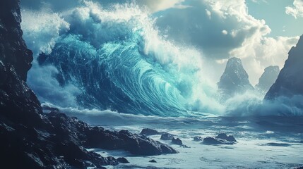 Fototapeta premium A massive wave crashing near a rocky shore with mountains in the background under a cloudy sky