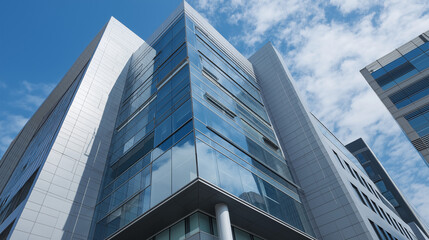 Modern glass office tower with clean lines in a business district, symbolizing professionalism and urban sophistication.