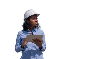 Engineer or worker against white backdrop clipping path interaction and safety gear teamwork, communication an industrial or construction setting workplace collaboration in an industrial environment.