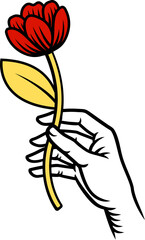 A hand holding a flower design illustration in a vintage woodcut retro tattoo style