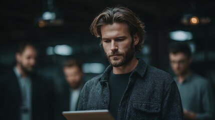 Fototapeta premium Team reviews data on tablet