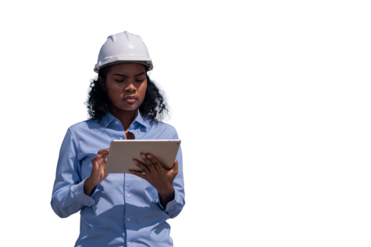 Engineer or worker against white backdrop clipping path interaction and safety gear teamwork, communication an industrial or construction setting workplace collaboration in an industrial environment.