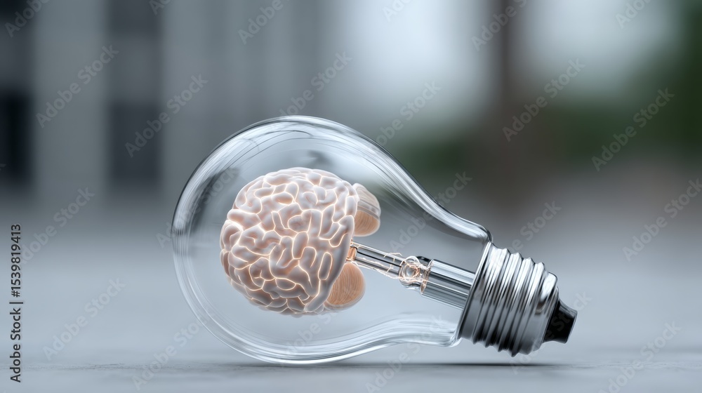 Poster light bulb with a brain inside of it. the bulb is lit up and the brain is glowing. concept of intell