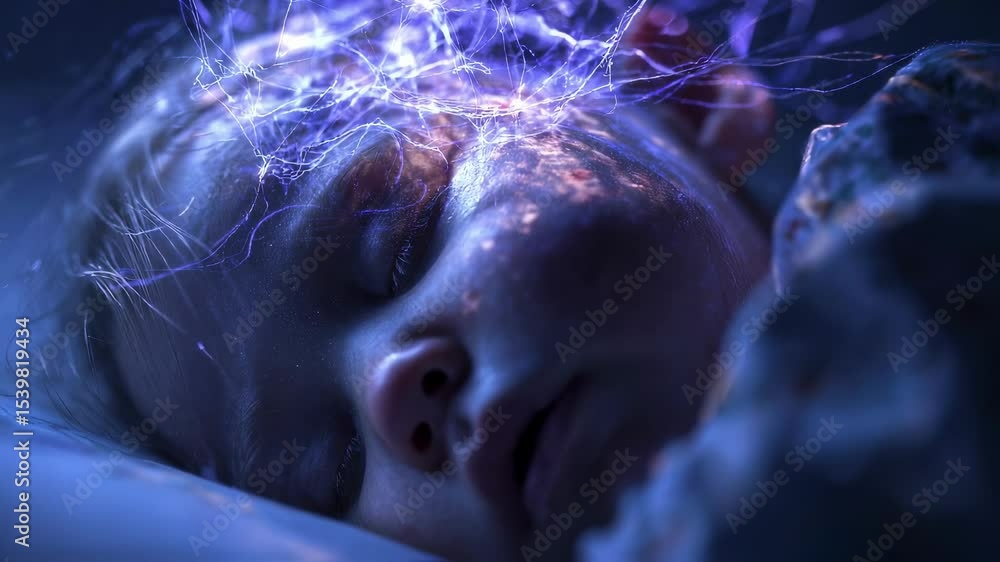 Poster brain activity visualization of a sleeping toddler with glowing neural connections, illustrating the