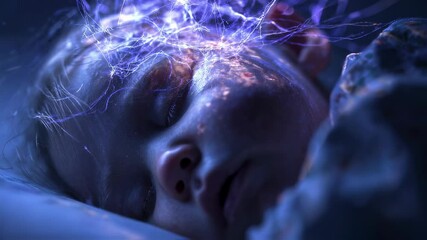 Brain activity visualization of a sleeping toddler with glowing neural connections, illustrating the concept of dreams, rem sleep, and childhood development - Powered by Adobe