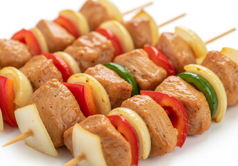 brochettes de poulet crues, poivrons et oignons