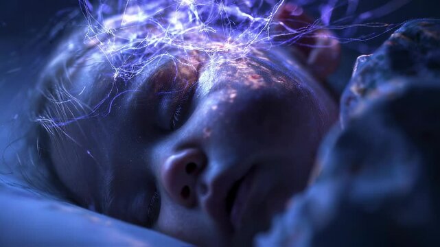 Brain activity visualization of a sleeping toddler with glowing neural connections, illustrating the concept of dreams, rem sleep, and childhood development