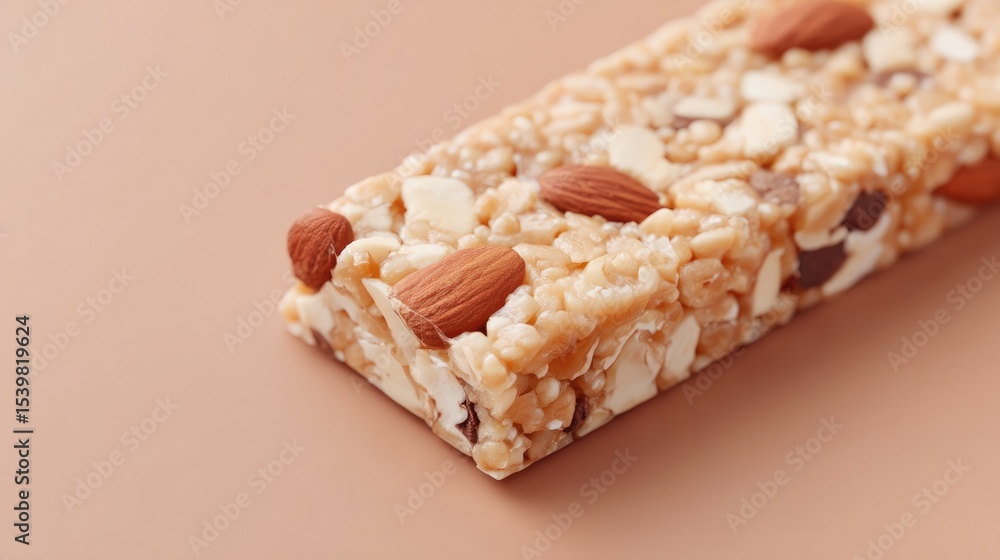 Poster close-up of minimalistic energy bar placed on clean surface with ample copy space
