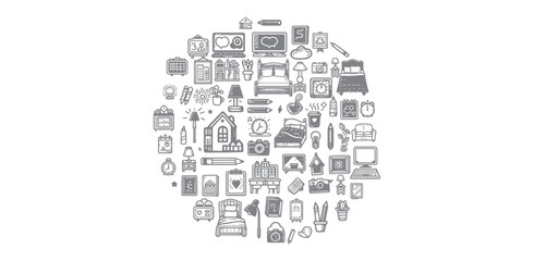 Grey of Simple Bed and Room Icons Doodles