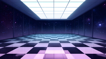 Cosmic Hall: A futuristic, wide-open space with a checkered floor and a starlit sky visible through the windows, creating a sense of vastness and limitless possibilities.