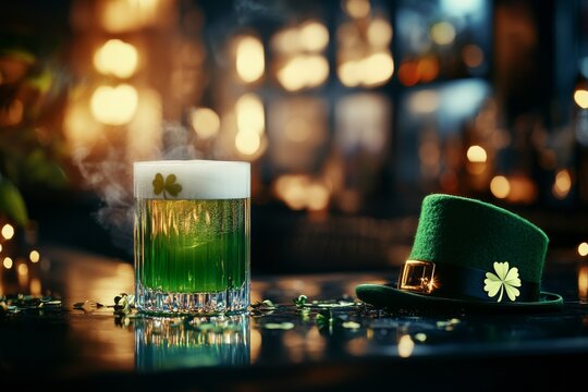 Festive Green Drink With Shamrock Hat at Bar Celebrating St Patricks Day Atmosphere
