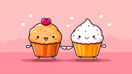 Cupcakes in Love: Two adorable cupcakes, one adorned with a heart, stand together in a gesture of love and affection, surrounded by a pastel ambiance and a sprinkle of hearts.