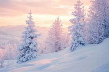 Winter Wonderland Snowy Mountain Landscape Pink Sunrise Trees cold calm view frost magic scene image