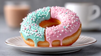 Colorful donut with pink and blue frosting and sprinkles on top. The sprinkles are pink and blue, and they are scattered all over the donut. The donut is placed on a white plate