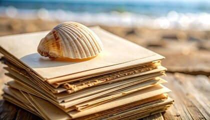 Seashell on old letters with beach.