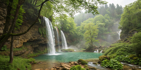 Serene waterfalls in a lush natural landscape