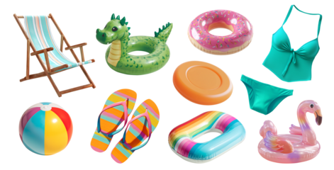 Set of beach pool accessory essential gear must haves,  deck chair, flip flops, ball, Frisbee, inflatable water airbeds, bikini, float buoy ring on transparent cutout PNG. Many different design mockup