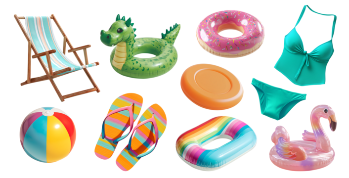Set of beach pool accessory essential gear must haves,  deck chair, flip flops, ball, Frisbee, inflatable water airbeds, bikini, float buoy ring on transparent cutout PNG. Many different design mockup