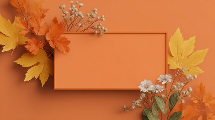 Autumn Leaves and Flowers Frame on Orange Background