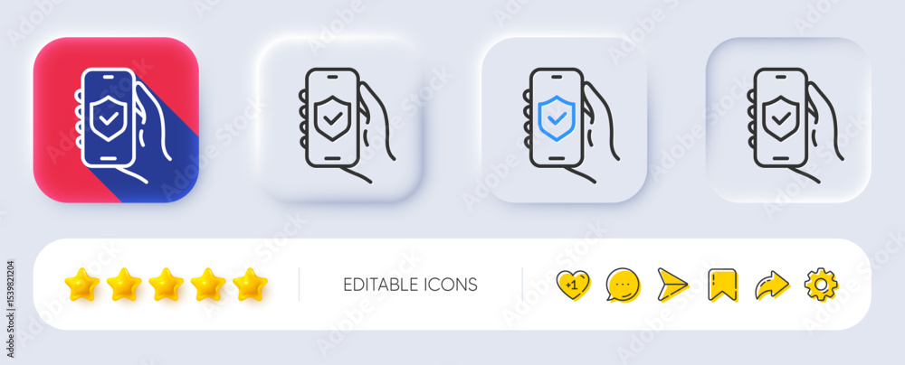Poster security app line icon. neumorphic, flat shadow, 3d buttons. hand hold phone sign. cellphone with sc
