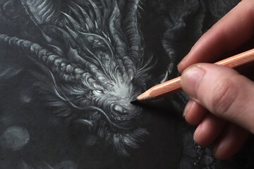 Detailed grayscale drawing of a mythical creature's head.