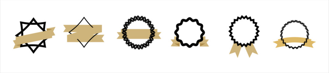 Set of blank award badges with geometric frames and golden ribbons. Vector outline emblems for certificates, labels, branding, and quality product design in minimal flat style.