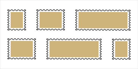 Set of blank postage stamp frames in black and gold colors. Vector rectangular templates with perforated edges for mail, labels, scrapbooking, vintage design, and decorative layout.