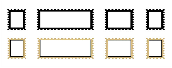 Set of blank postage stamp frames in black and gold colors. Vector rectangular templates with perforated edges for mail, labels, scrapbooking, vintage design, and decorative layout.