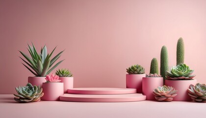 Fototapeta premium Empty pink podiums on a pale pink background with succulents in pastel ceramic pots. Generated image