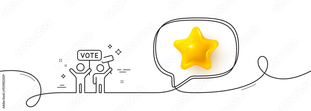 Poster voting campaign line icon. continuous line with 3d star. people rally with signs. public election sy