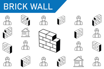 Brick wall icons set. A variety of brick icons representing masonry, Brick wall  for home and building. Wall construction. Wall vector illustration. 