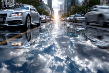 City street reflecting clouds after rain creates stunning visual effect during sunset