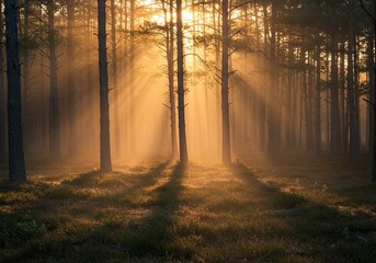 Obraz premium Golden Sunlight Pierces Through Forest Trees Creating Dramatic Shadows and Light Beams.