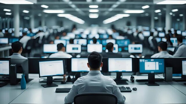 Back View of Office Worker Facing Multiple Monitors in Large Modern Open-Plan Workspace Filled with Employees Using Desktop Computers

