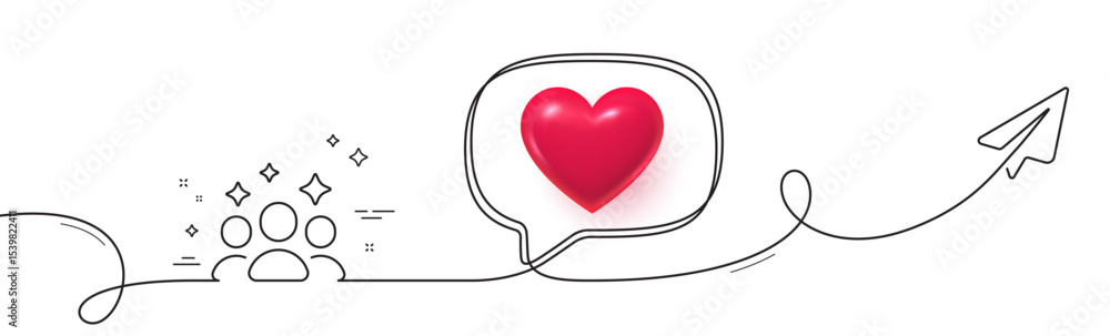 Poster squad line icon. continuous line with share plane. team work sign. community group symbol. 3d heart 