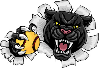 Black panther leopard or jaguar cat softball sports team mascot holding a ball © Christos Georghiou