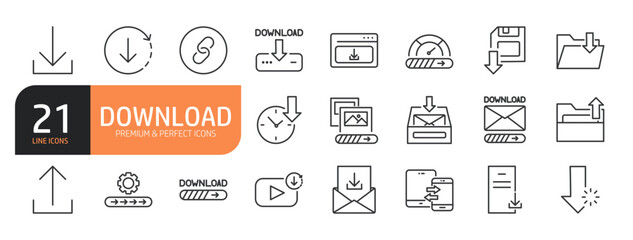 Set of line icons related to download, folder, website, Mobile, file and more. Outline icons collection. Editable stroke. Vector illustration.