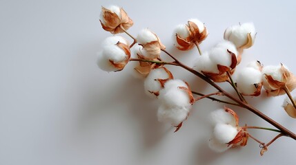 Cotton branch with fluffy bolls against a plain background showcasing natural beauty and texture in soft lighting