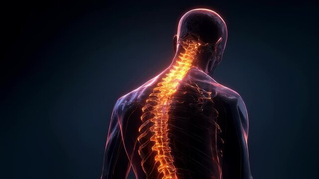Medical visualization highlighting kyphosis, a spinal deformity causing excessive outward curvature, affecting posture and potentially causing pain
