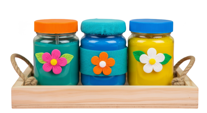 Colorful crafts showcased in wooden tray