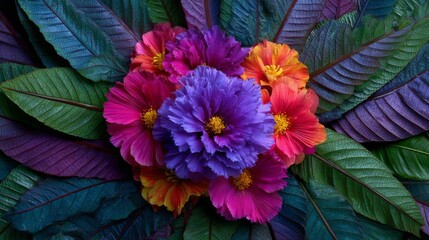 Vibrant Purple Pink Orange Flowers with Dark Lush Leaves