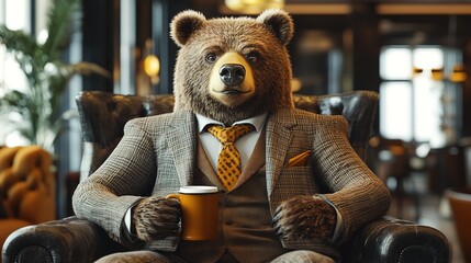 A successful-looking bear in a three-piece suit, drinking coffee in a luxury corporate lounge