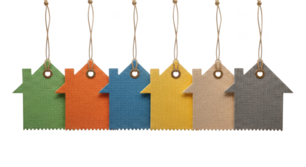 Colorful houseshaped tags dangle on strings