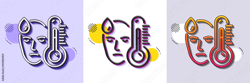 Poster sick man with fever line icon. halftone dotted pattern. gradient icon with grain shadow. temperature
