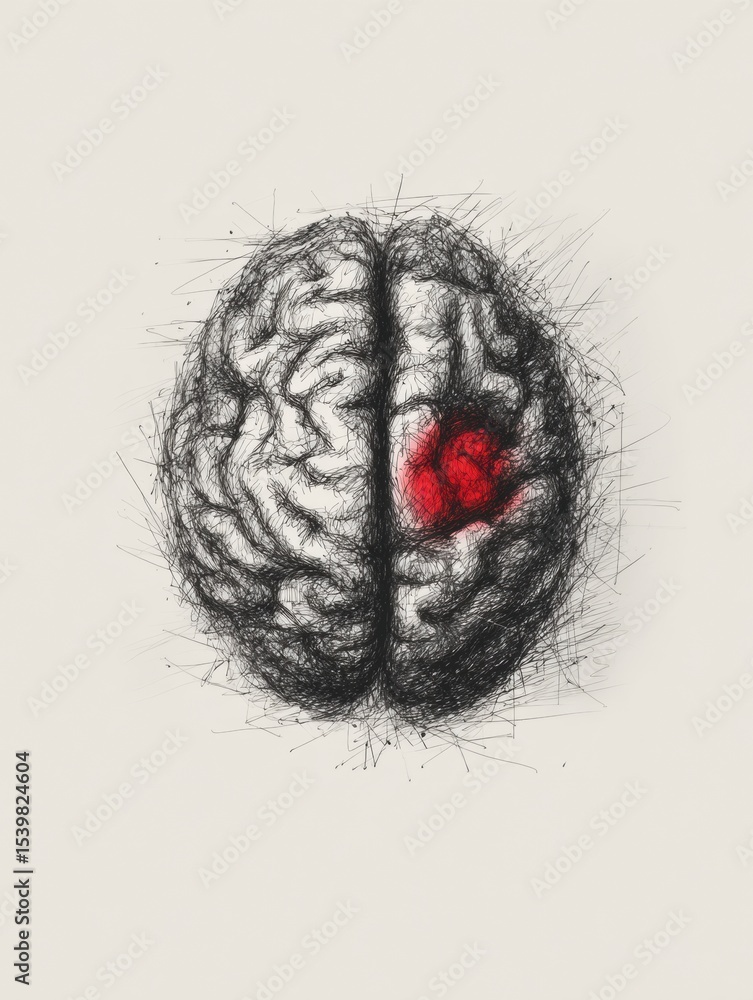 Aufkleber Scribbled Sketch of a Brain With a Red Center, Designed for Creative Messaging and Expression in Art