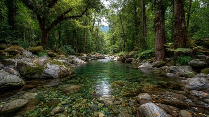 Clear River in Lush Green Forest