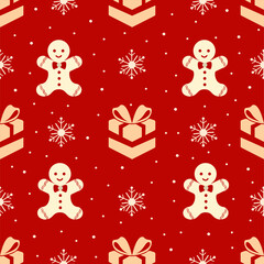 Seamless red background with cute gingerbread men, gift boxes, and white snowflakes. Ideal for Christmas cards, textiles, and party supplies.