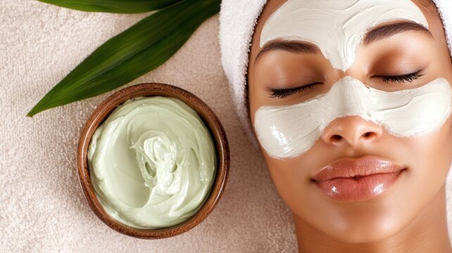 clay receiving facial treatment, Woman mask covering skin, reclining with closed eyes during rejuvenating spa skincare session