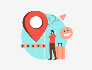 Travel destination reviews with stars and global tourist feedback icons on interactive map pin. Experience ranking system and user interface for travel destination reviews vector illustration