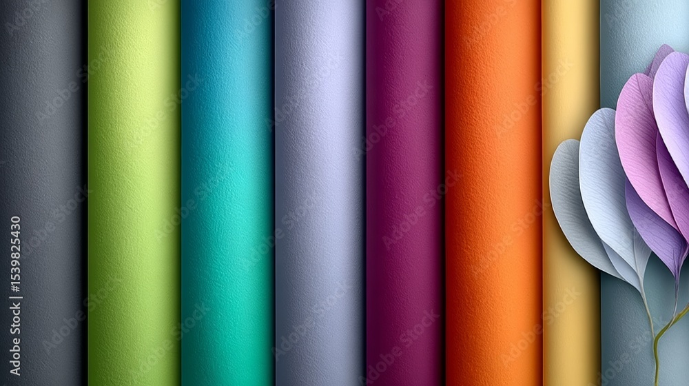 Poster row of colorful rolls of paper with a heart on the right. the rolls are arranged in a rainbow patter